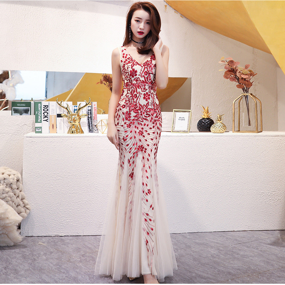 Evening Cocktail Elegant Annual Meeting Long Fishtail Sequ Dress