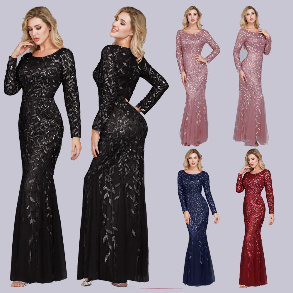 Multi-Color Long Sleeve round Neck Fishtail Banquet Evening Dress for