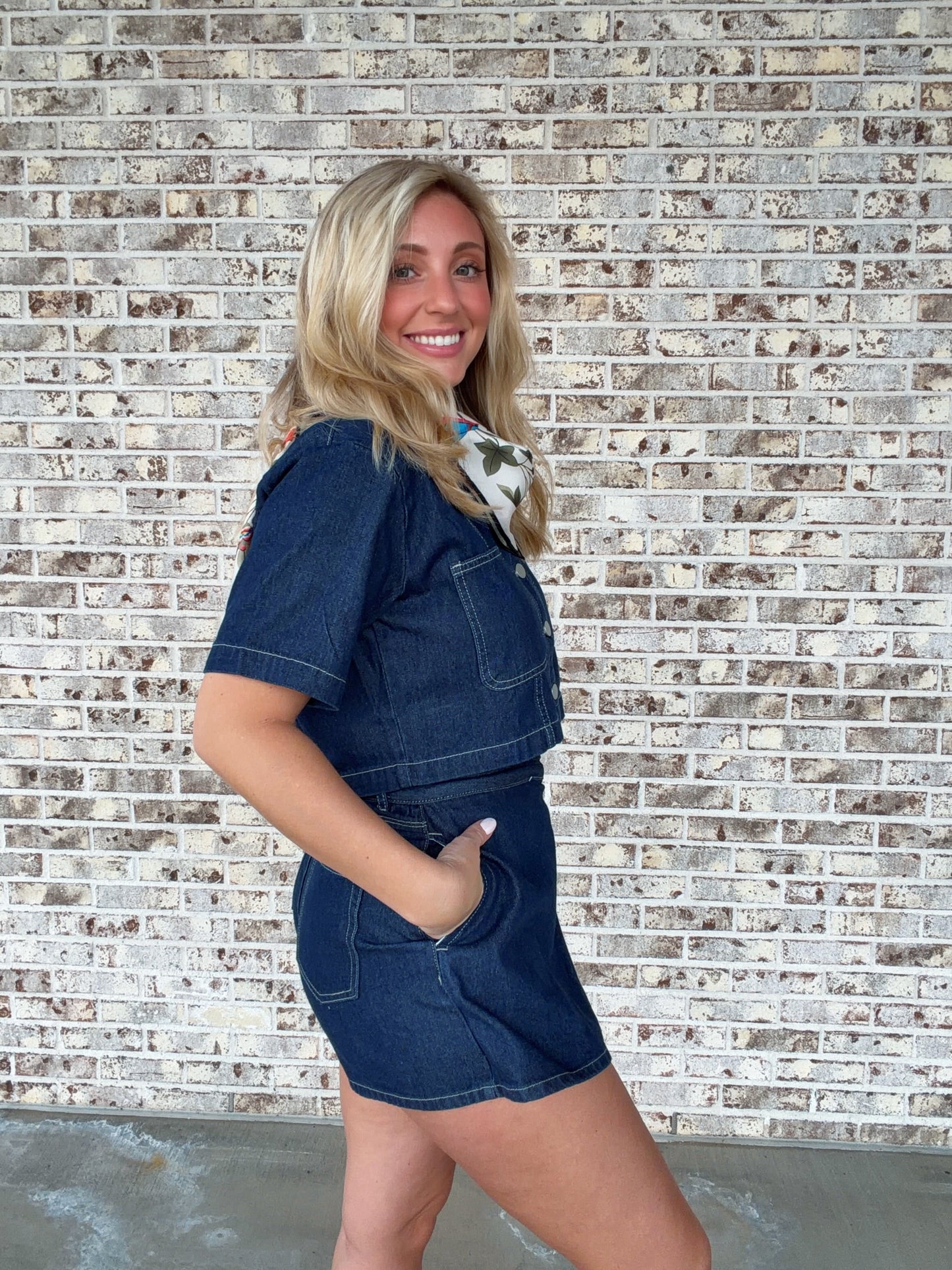 Aryana Denim Collar Shirt And Skort Set