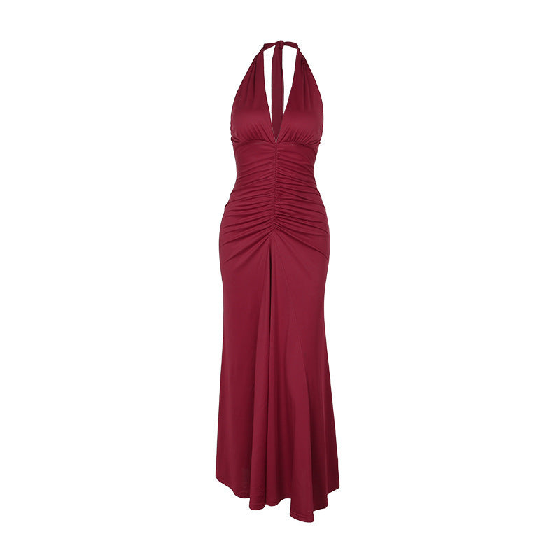 Elegant Slim Fit V neck Halter Pleated Slimming Foundation Dress