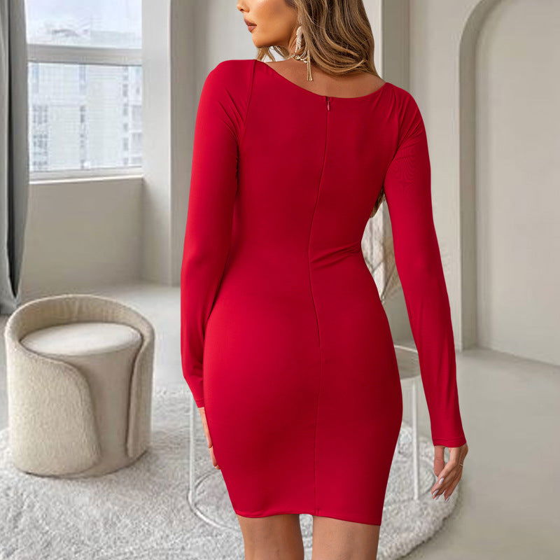 Elegant V neck Dress Elastic Slim Fit Long Sleeve Red Vintage
