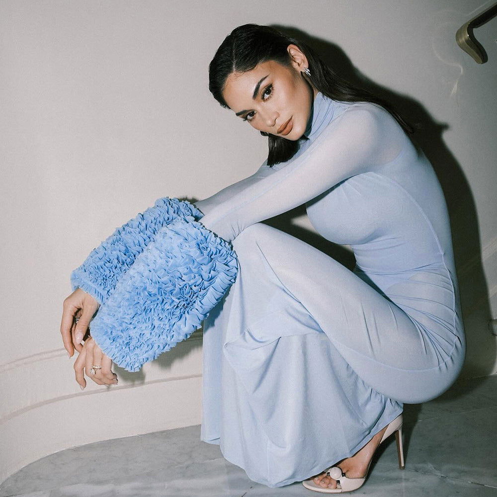 Fall Long Sleeve Light Blue Tencel Dress Slim Fit Solid Color Mesh Oversleeve Dress