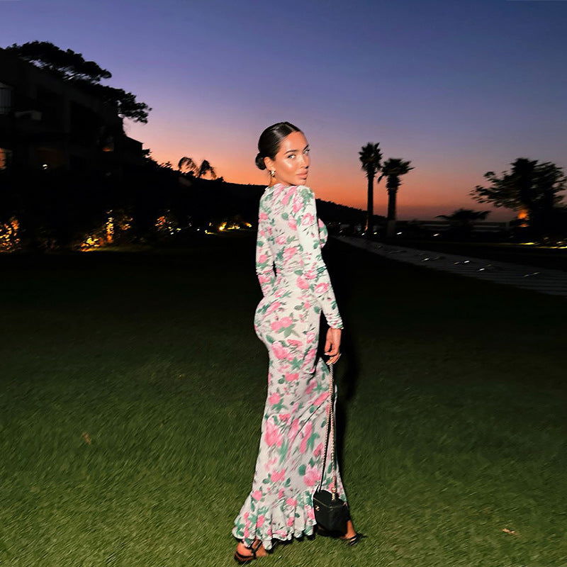 Long Sleeve Slim Fit Long Printed Elegant Dress