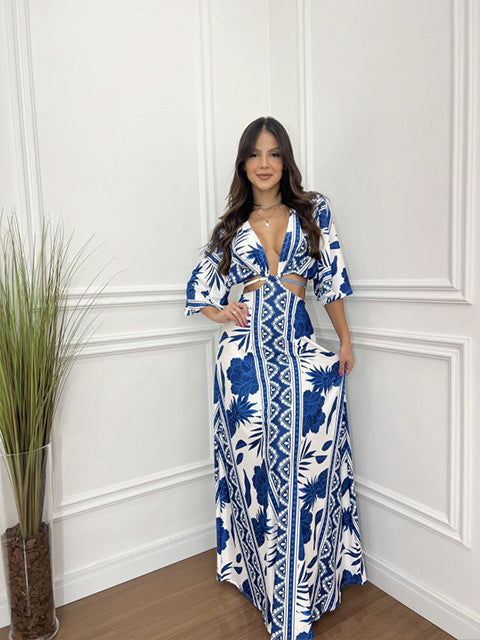 Color Matching Five Point Batwing Sleeve Cropped Outfit Strap Dress