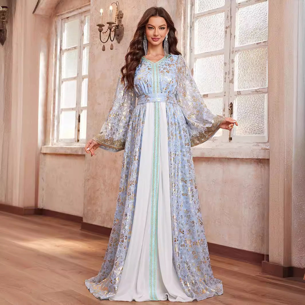 High Class Dubai Maxi Middle East Dress Printed V neck Long Sleeve Ethnic Dress