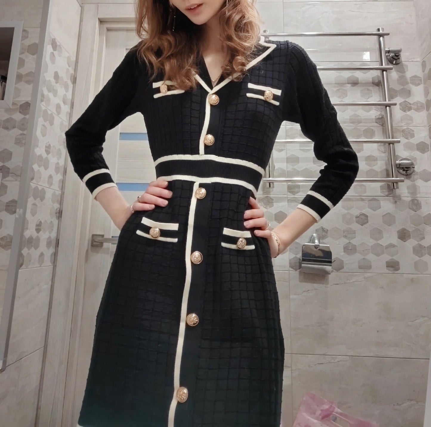 Long Sleeve Collared Knitted Classic Dress Button Contrast Color Slim Fit Short for