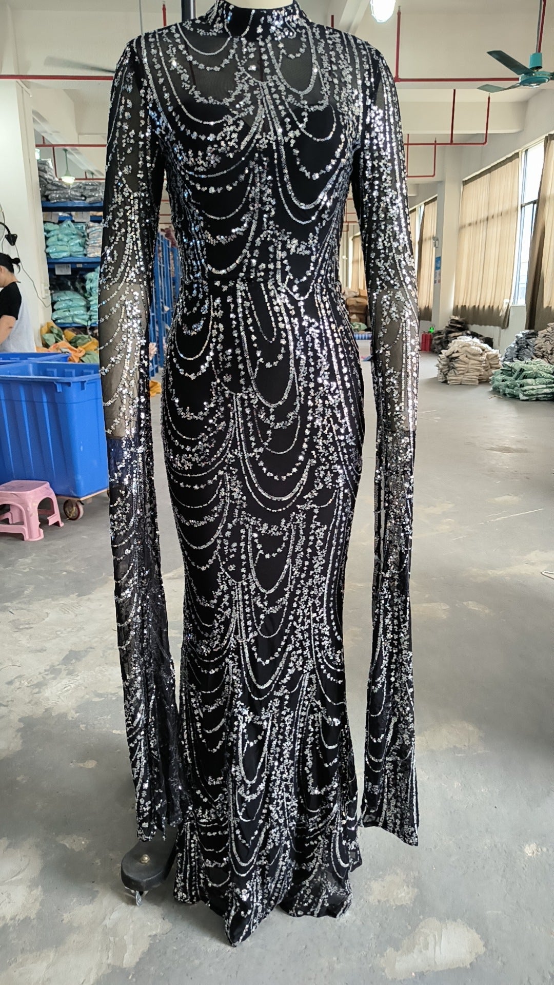 High End Long Sequined Long Sleeve Round Neck Cocktail Evening Dress Bridesmaid Dress
