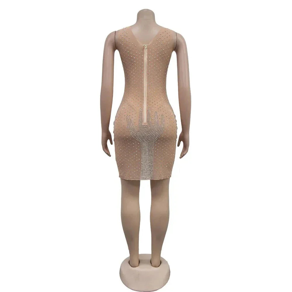 Mesh Rhinestone Round Neck Sleeveless Mini Dress