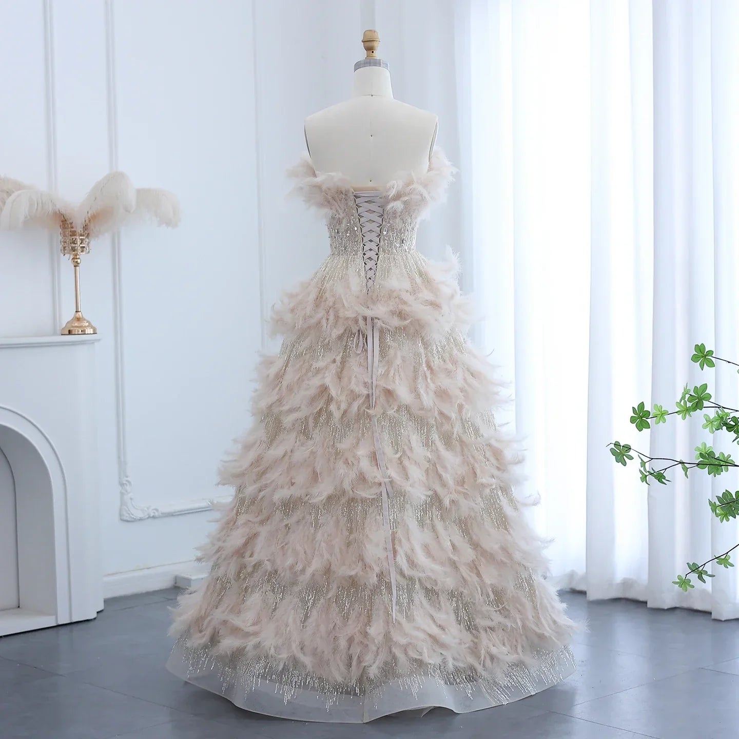 Feathers Princess Ball Gown Cream Evening Dress