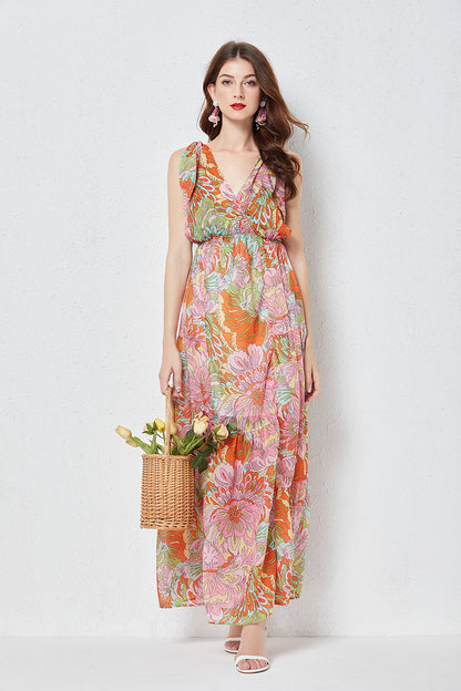 Bow Tie Tencel Sling Dress Printed Swing High Waist Slim Dress