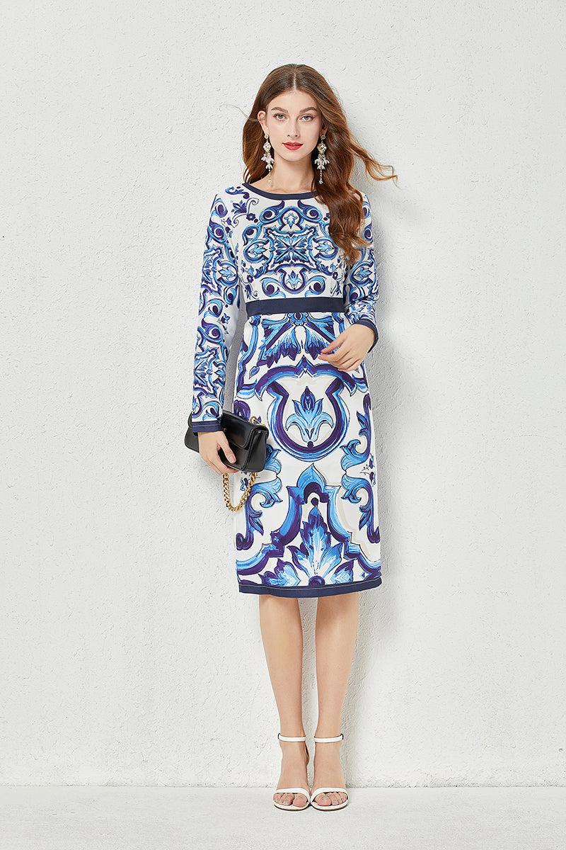 Fall Crew Neck Printed Cami A Line Knee Dress