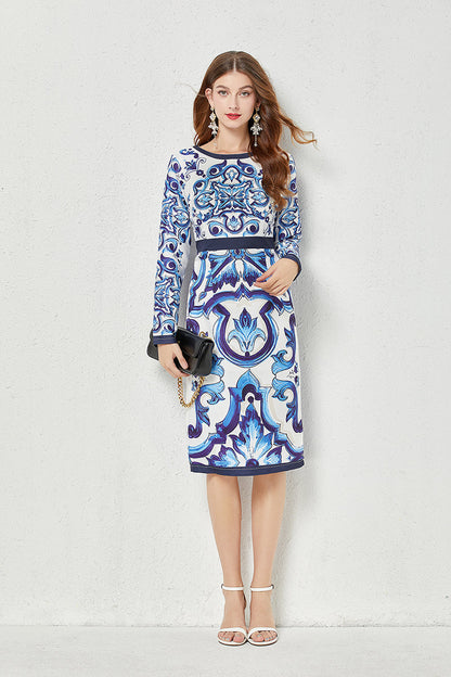 Fall Crew Neck Printed Cami A Line Knee Dress