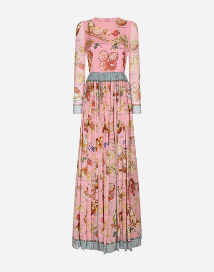 Light Silk Chiffon Printed Dress Crew Neck A Line Dress