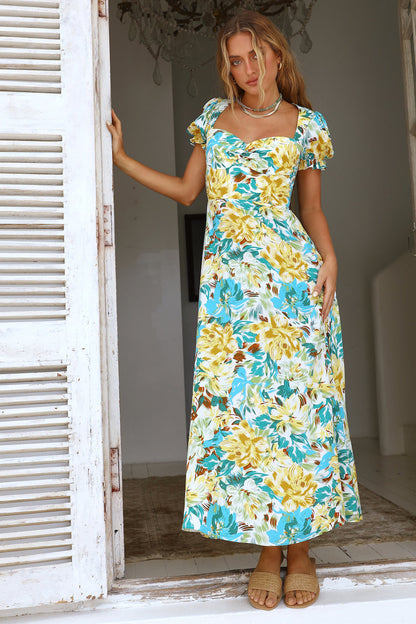 Elegant Holiday French Print Short Sleeve Long Dress