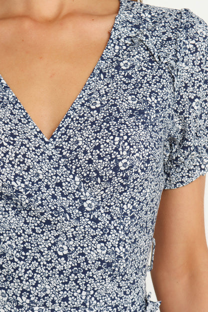 Holiday Short sleeved V neck Ruffled Floral Strap Dress