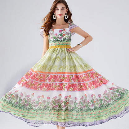 Contrast Colorful Flower Print Chiffon Dress High Waist Back Rubber A Line Dress