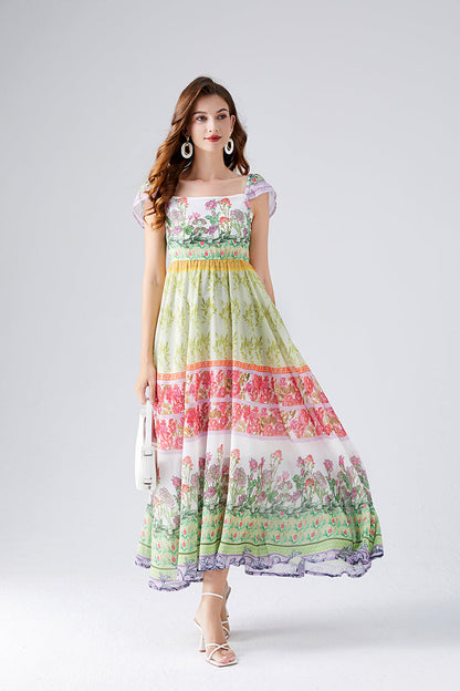 Contrast Colorful Flower Print Chiffon Dress High Waist Back Rubber A Line Dress