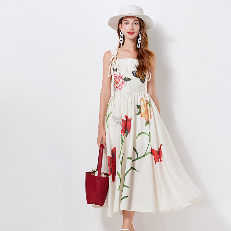 Niche Design Lace up Butterfly Flower Embroidered Print Sling Dress Slim fit High Waist Dress
