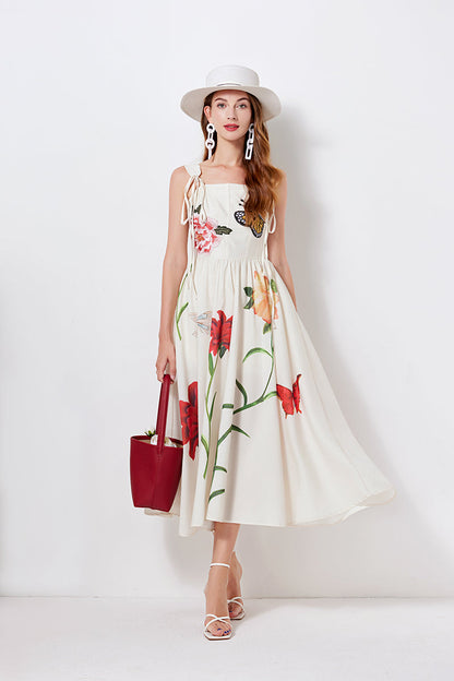 Niche Design Lace up Butterfly Flower Embroidered Print Sling Dress Slim fit High Waist Dress