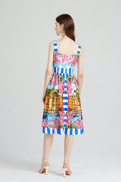 Elegant Show Palace Positioning Printed Sling Dress Slim fit High Waist A line Dress