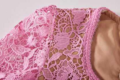 Heavy Industry High Density Water Soluble Hollow Lace Elegant Celebrity Hip Long Sleeve Dress