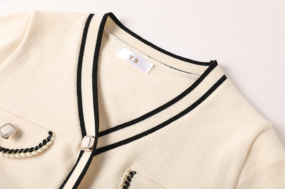 Chanel Style Classic Contrast Color Knitwear Stitching Mesh Dress Age reducing Elegant Dress