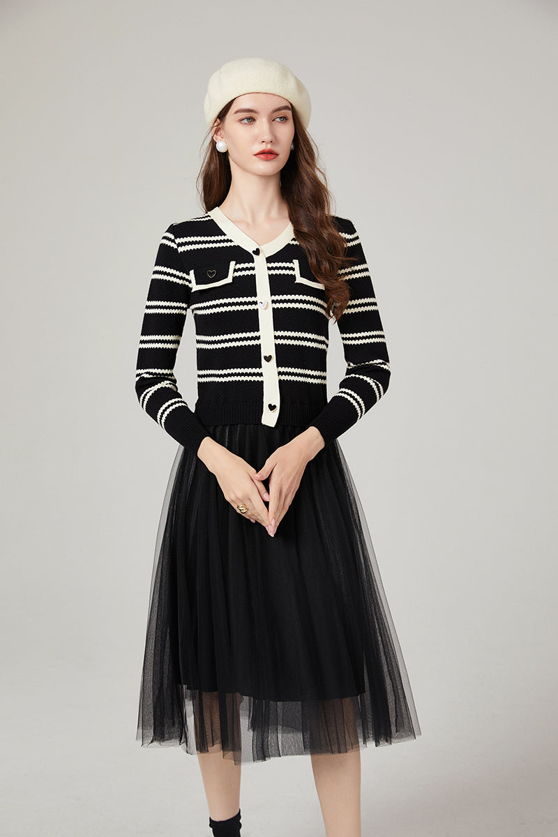 Chanel Striped Knitwear Stitching Mesh Dress Elegant Yarn Dress