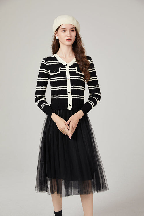 Chanel Striped Knitwear Stitching Mesh Dress Elegant Yarn Dress