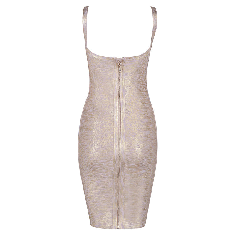 Clothes Bandage One Piece Dress Elegant Gold V neck Evening Dress