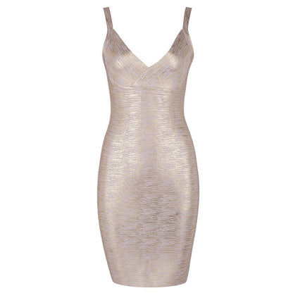 Clothes Bandage One Piece Dress Elegant Gold V neck Evening Dress