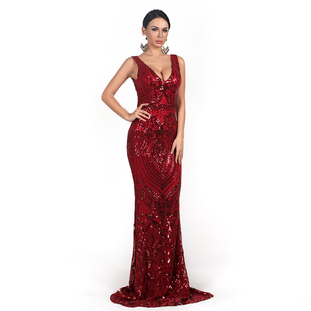 Evening Dress V-neck Sleeveless Sequined Geometric Abstract Vintage Backless Elegant Maxi Reflective Dress Formal Gown