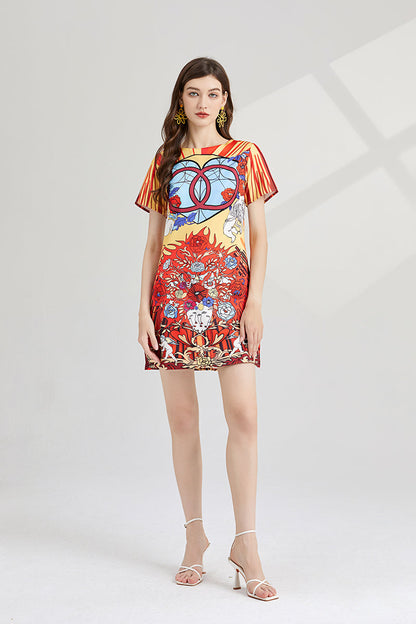 Crew Neck Printed Short Sleeved A Line Dress
