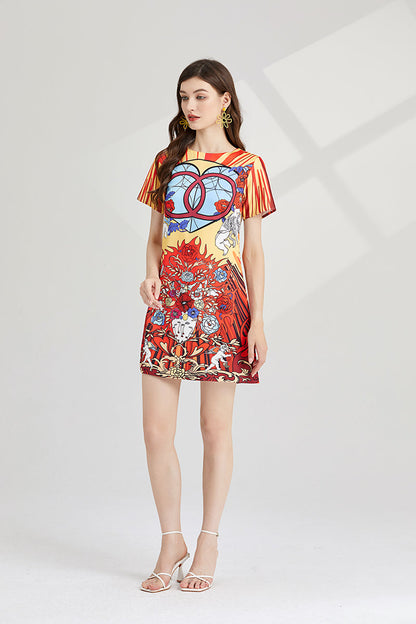 Crew Neck Printed Short Sleeved A Line Dress