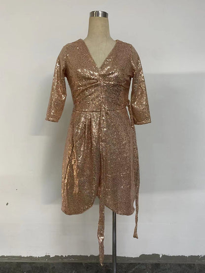 Long Sleeve Solid Color Sequ V neck Lace up Small Dress
