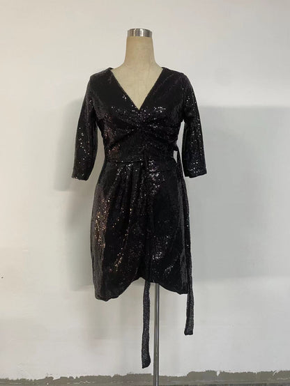 Long Sleeve Solid Color Sequ V neck Lace up Small Dress
