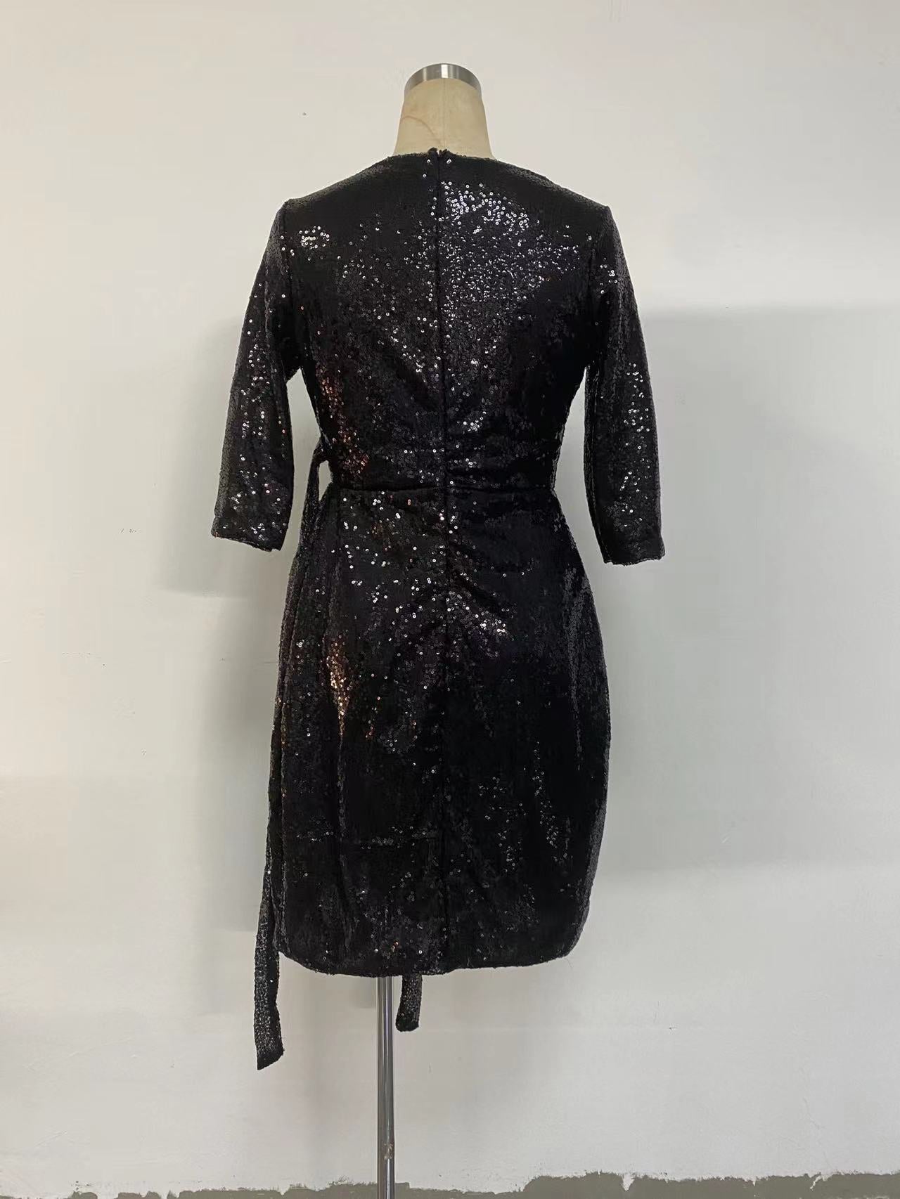 Long Sleeve Solid Color Sequ V neck Lace up Small Dress