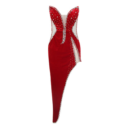 Mid Length Velvet High Split Beaded Heavy Industry