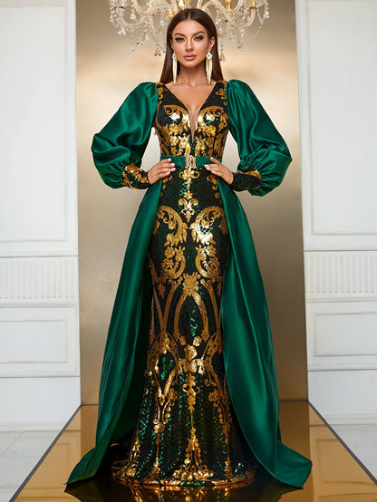Heavy Industry Dress Sequined Long Sleeve Waist Cloak Party Dress Maxi Dress
