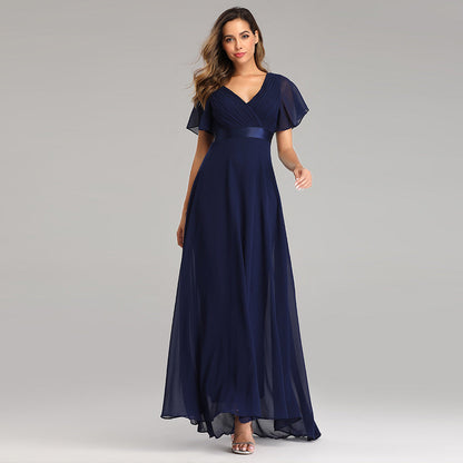 Hand-Folded Large V-neck Dress Chiffon Elastic Banquet Bridesmaid Evening Dress for