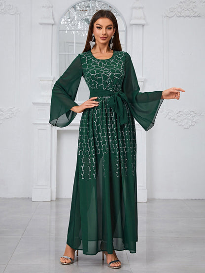 Comfort Casual Dress Sequined Printed Chiffon Long Sleeve Lace Up Dress