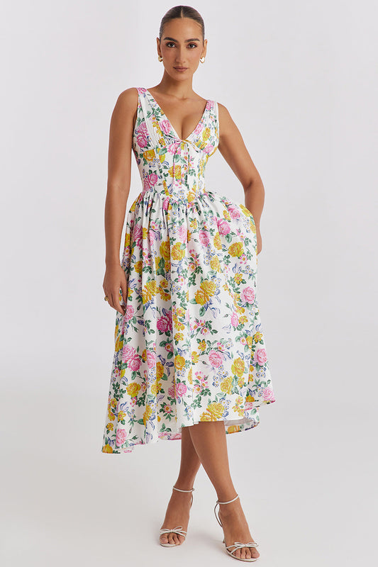 Elegant V Neck Cinched Waist Slim Fit Sleeveless Holiday Trend Floral Midi Dress