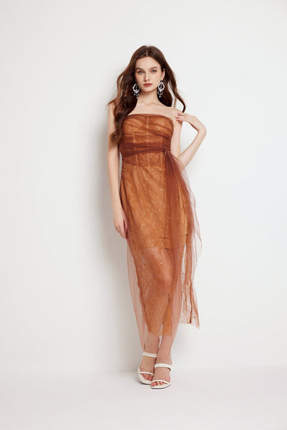 Fishbone Lace Gauze Slit Slim Dress