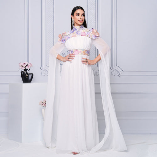 High End Turtleneck Long Cocktail Embroidered Evening Dress Bridesmaid Dress Waist Controlled Large Hem