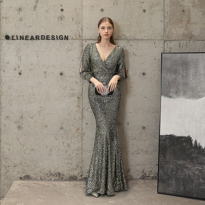 Cocktail Elegant Long Long Sleeve Sequined Atmosphere Queen Fishtail Evening Dress
