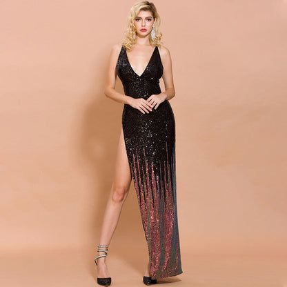 Evening Gradient Color Cocktail Host Fishtail V Neck Slimming Elegant Dress