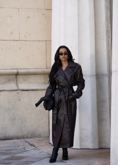 High Rise Woven Leather Coat Brown