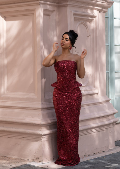 Dreamline Gleam Sequin Pearl Skirt Set Red