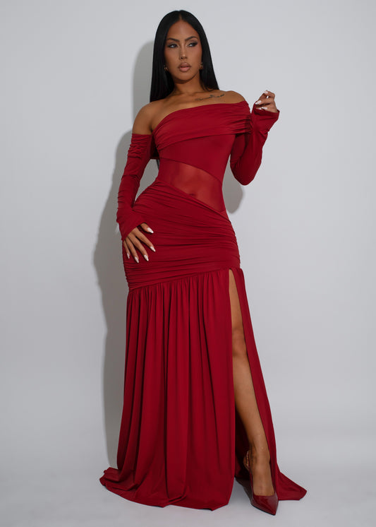 Divine Ruched Aura Mesh Maxi Dress Red