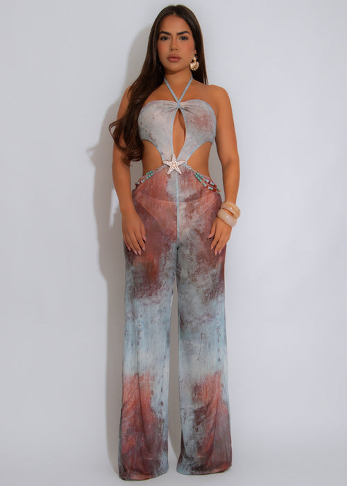 Tidal Muse Mesh Ruched Jumpsuit Blue