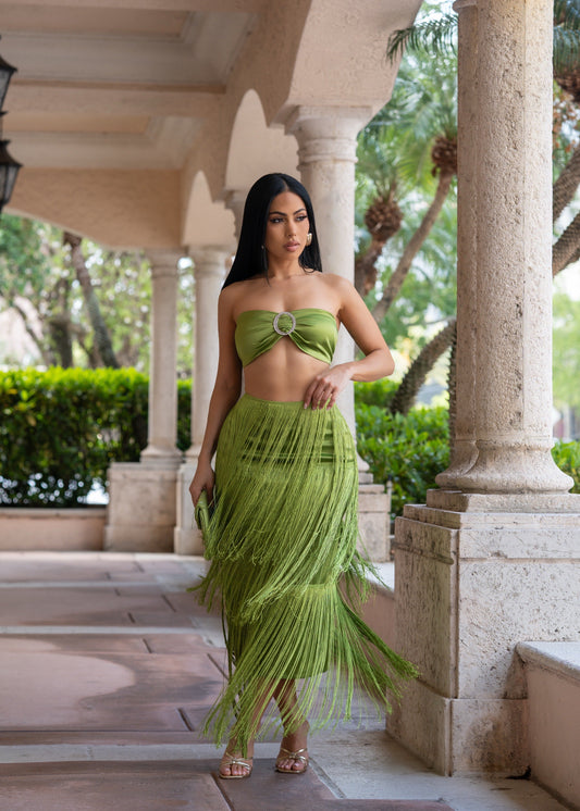 Tropic Dusk Satin Rhinestones Skirt Set Green